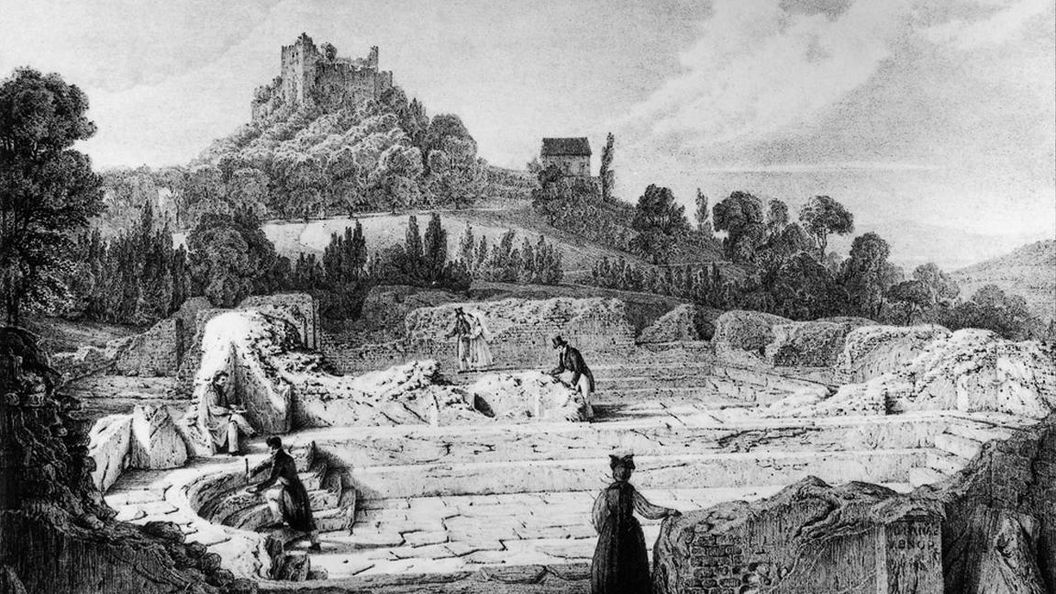 Lithografie der Römischen Badruine Badenweiler und der Burg Badenweiler von Engelmann nach Chapuis, 19. Jahrhundert